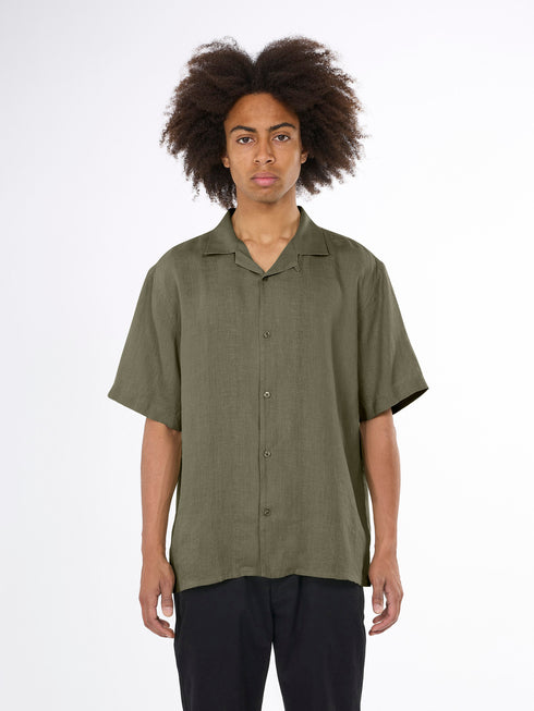 KnowledgeCotton Apparel - Box fit short sleeved linen shirt GOTS/Vegan - Burnt Olive